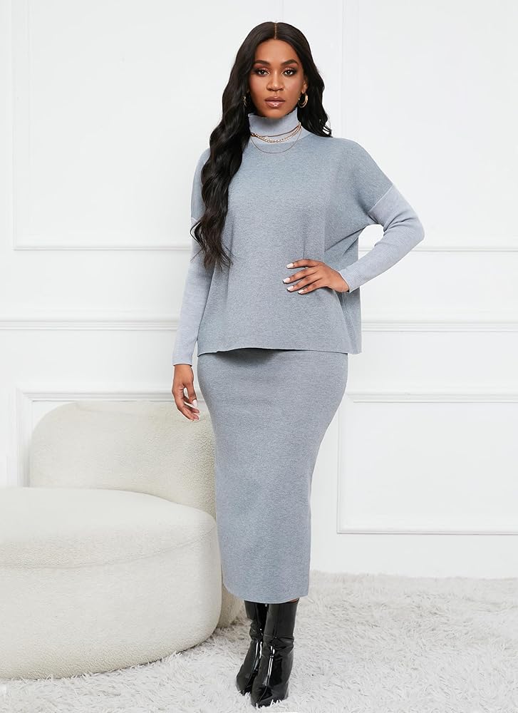 VERWIN Women 2 Piece Sweater Set Knit Turtle Neck Long